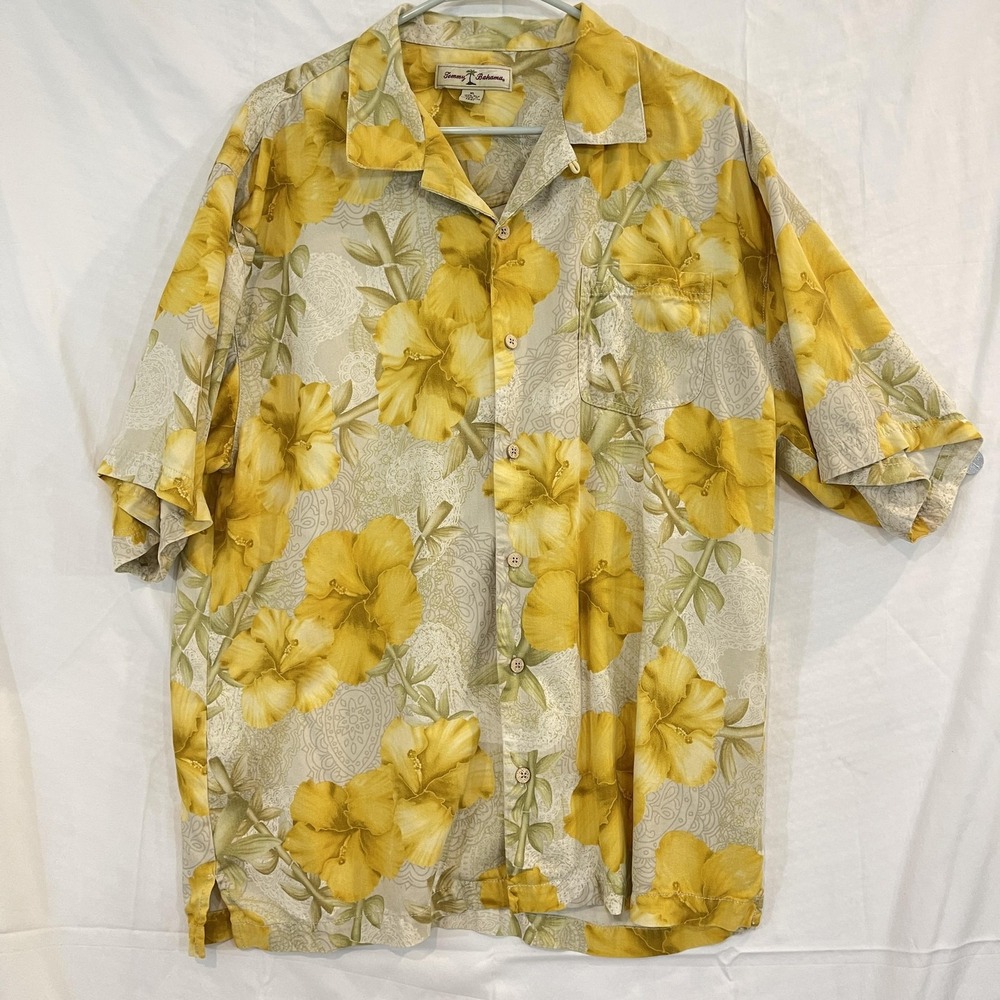 Tommy Bahama Shirt Mens XL Yellow Floral Silk‎ Hawaiian Camp Button Front Aloha